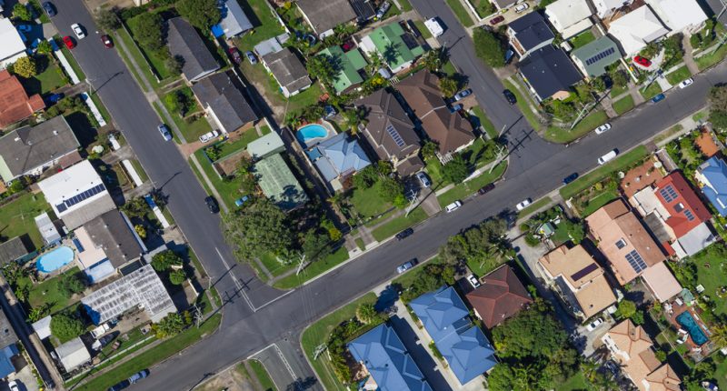 Aerial view of Australian suburban houses