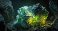 An AI-generated image of what glowing uranium in a crystal type rock could look like.