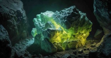 An AI-generated image of what glowing uranium in a crystal type rock could look like.