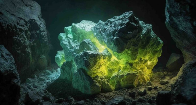 An AI-generated image of what glowing uranium in a crystal type rock could look like.