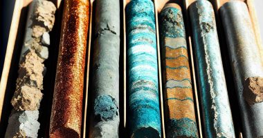 AI-generated image of a collection of drill cores meant to show copper mineralisation.