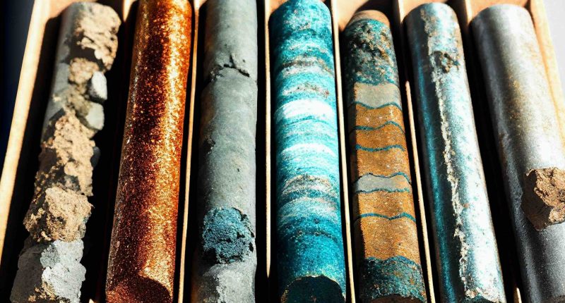 AI-generated image of a collection of drill cores meant to show copper mineralisation.