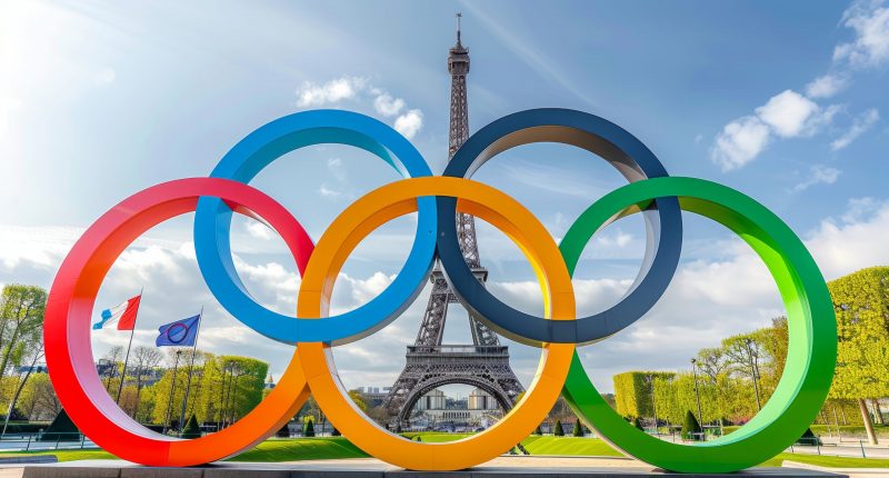 Olympic rings in front of the Eiffel Tower in Paris