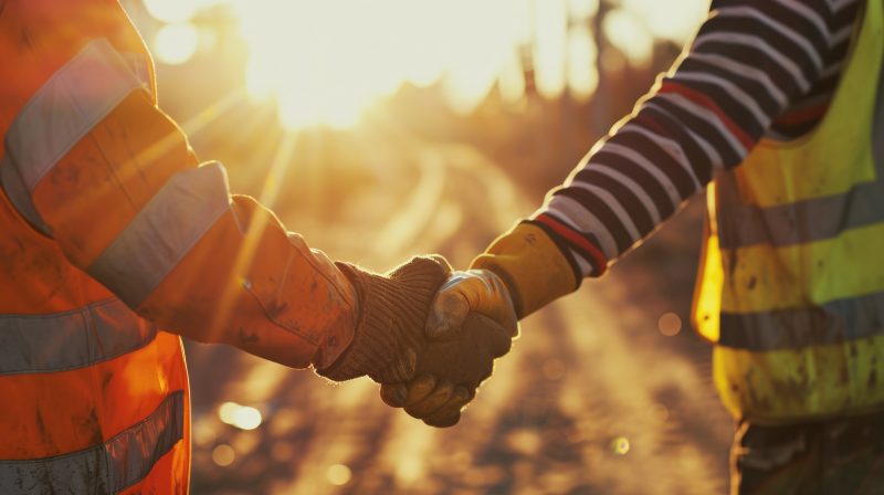 Two men shake hands on-site an unclear terrain