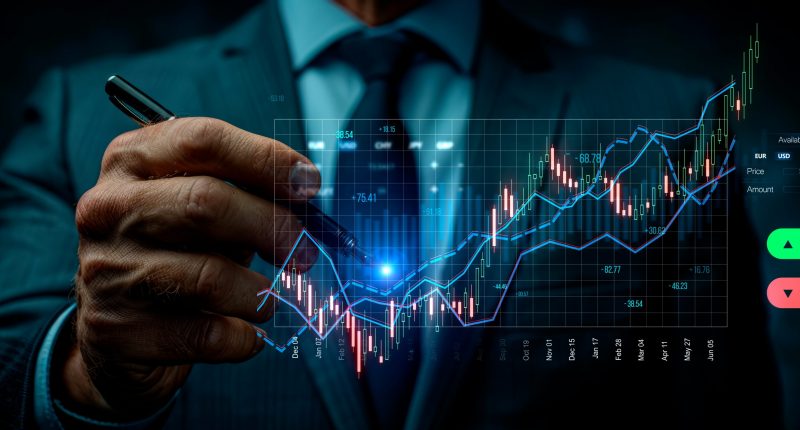 A businessman analyzing a digital stock market chart, blue and black background, investment concept. Generative AI