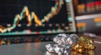 Raw chunks of silver and gold in focus with a blurred stock market graph on a computer monitor in the backdrop