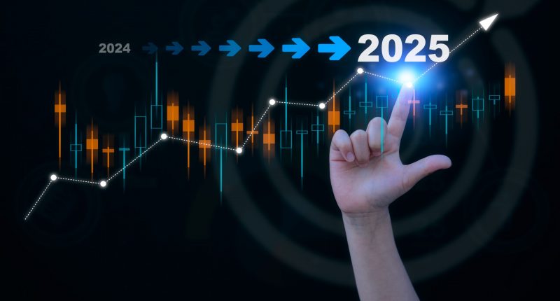 Graphic showing movement from FY24 to FY25, with graph moving bottom left to top right. Hand reaching up to the numerals for 2025.