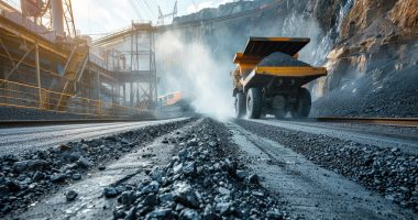 Image of a haulage truck and ore at a mine site.