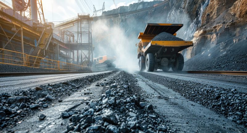 Image of a haulage truck and ore at a mine site.