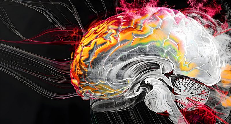 Abstract visualization of a brain hemorrhage from an MRI perspective, with vivid colors marking the hemorrhagic areas against the brain's grayscale anatomy.