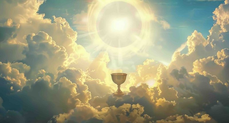 A golden chalice floats in the sky.