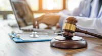 Stethoscope and gavel on doctor's desk.