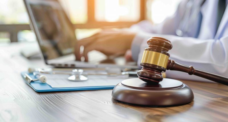 Stethoscope and gavel on doctor's desk.