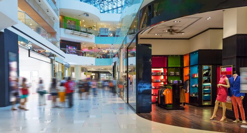 Clothes displayed in a shopping mall.