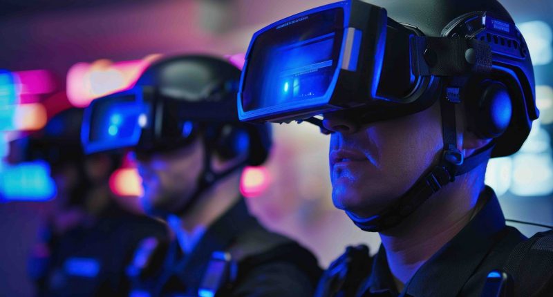 AI generated image of police officers in PPE wearing VR headsets in a training simulation