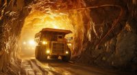 Underground mining scene, haul truck driving, illuminated walls