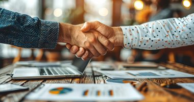 Photograph of two individuals shaking hands.