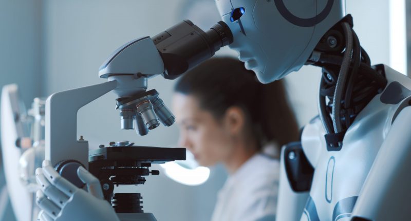 Image of an AI robot examining samples under a microscope in the lab