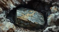 Stone with tungsten ore inside a mine surrounded by the rough and rocky walls of the mine