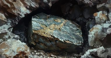 Stone with tungsten ore inside a mine surrounded by the rough and rocky walls of the mine