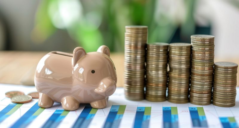 A cute piggy bank next to stacks of coins represents savings and financial growth in a modern workspace.