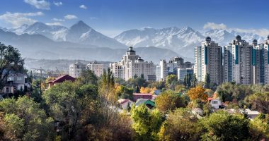 City landscape on a background of snow-capped mountains