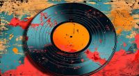 Vibrant Vinyl record with abstract splatter background in blue and red.