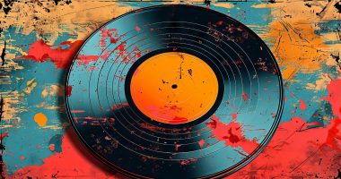 Vibrant Vinyl record with abstract splatter background in blue and red.