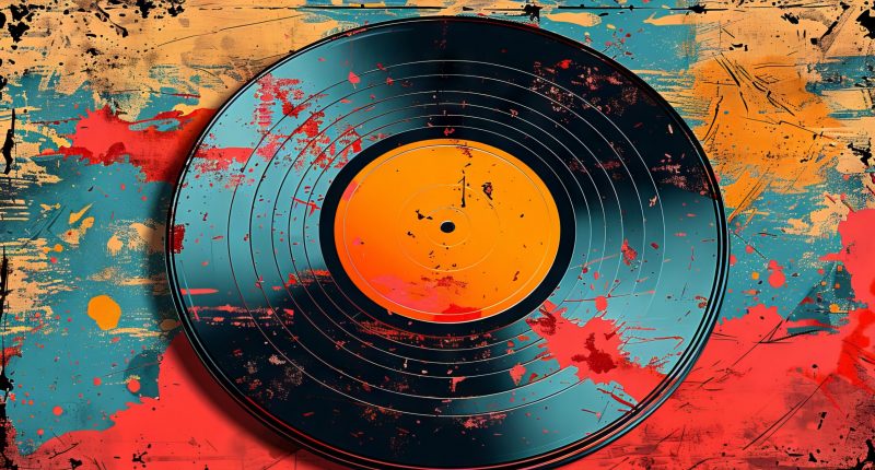 Vibrant Vinyl record with abstract splatter background in blue and red.