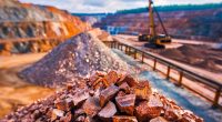 Electric rope shovel and dump truck at a copper mine.