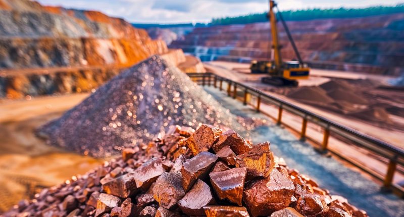 Electric rope shovel and dump truck at a copper mine.