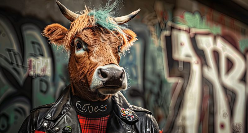 Highland cow in a punk outfit