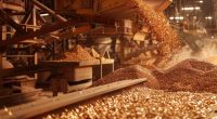 Conveyor belt pouring copper ore at factory