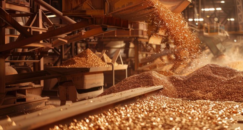 Conveyor belt pouring copper ore at factory