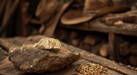 Rustic scene featuring a gold nugget and stones on an old wooden table, evoking a historic mining or panning atmosphere