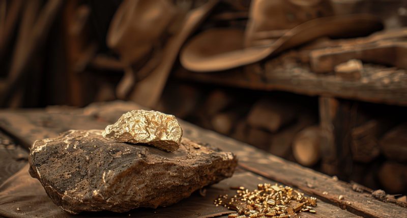 Rustic scene featuring a gold nugget and stones on an old wooden table, evoking a historic mining or panning atmosphere