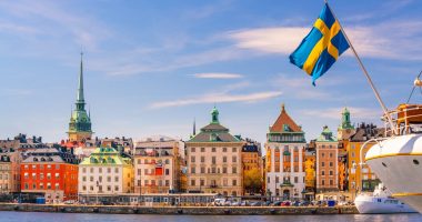 Stockholm old town city skyline, cityscape of Sweden at sunset