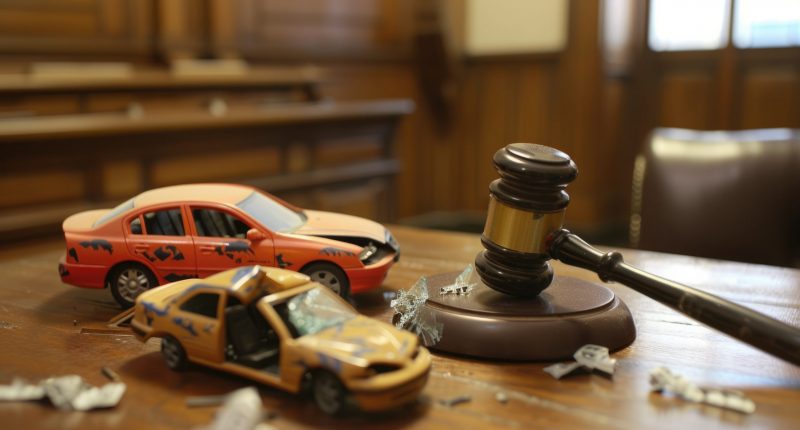 Image of two model cars on a courthouse desk