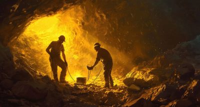 Two miners digging in a cave awash with gold light.