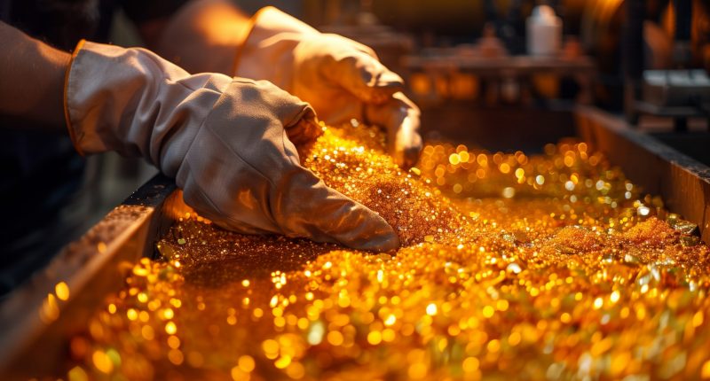 Closeup of gloves holding gold