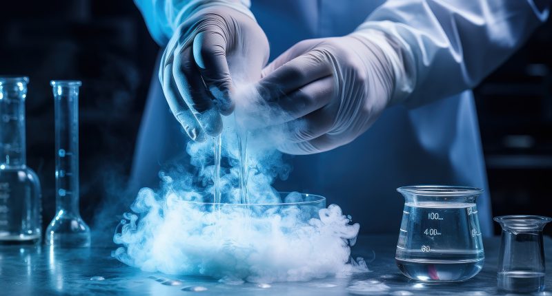 A scientist's hands work on a freezing test glass.