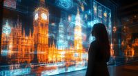 AI image of a woman in front of an image of Big Ben in London