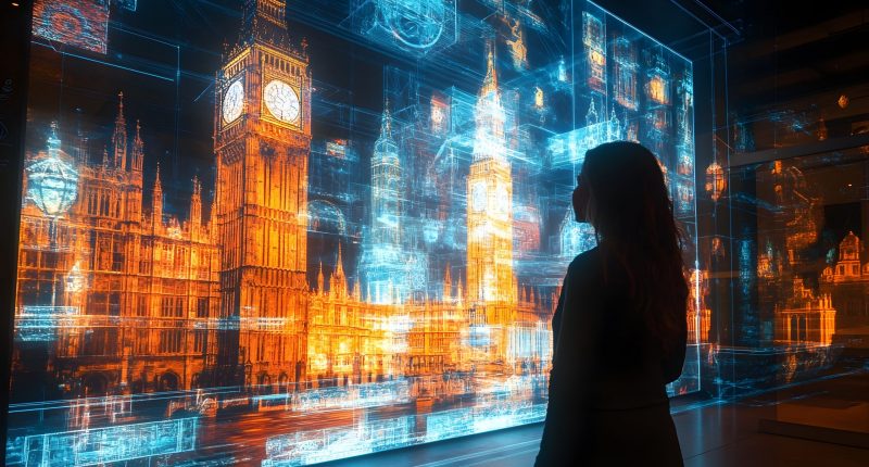 AI image of a woman in front of an image of Big Ben in London