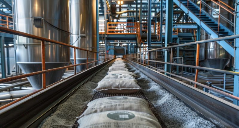 A conveyer belt carrying bags of activated carbon