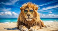 Image of a lion in sunglasses on the beach