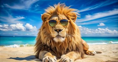 Image of a lion in sunglasses on the beach