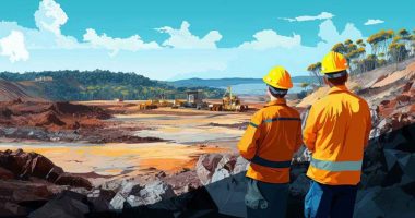 Two cartoon mine workers looking out over a mining project.