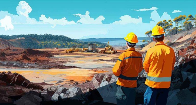 Two cartoon mine workers looking out over a mining project.