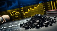 Pieces of coal on a table with financial graphs