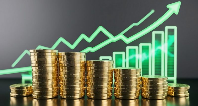 Coins in front of a chart showing upwards growth